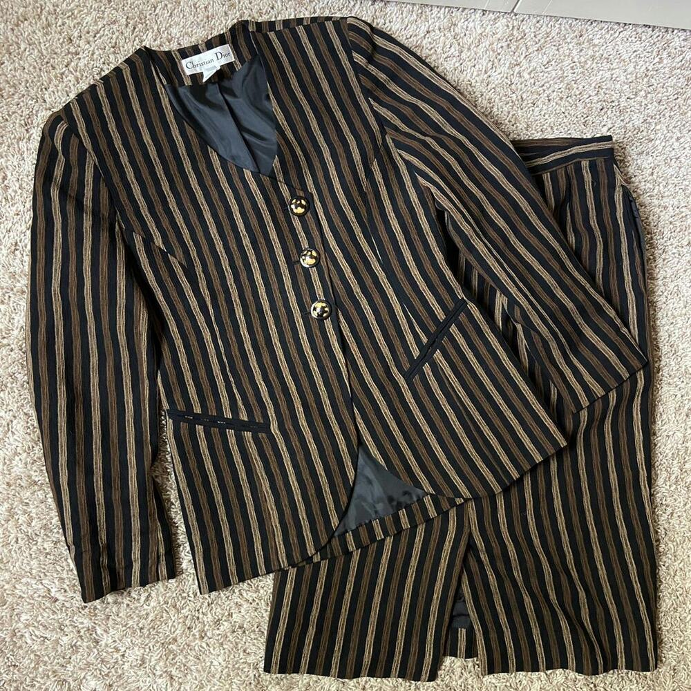 Vintage Christian Dior USA Brown Black Striped Two Piece Blazer Skirt Set Size 8
